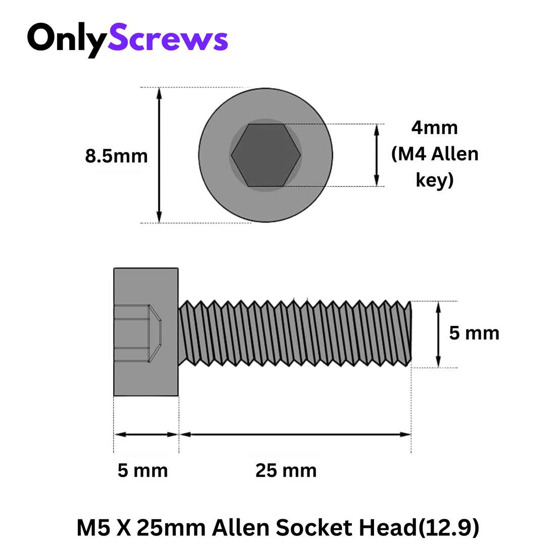 M5 X 25mm Hex (Allen) Socket Head High Tensile(12.9) Black oxide screw (Dia. 5mm, Length 25mm) (Copy)