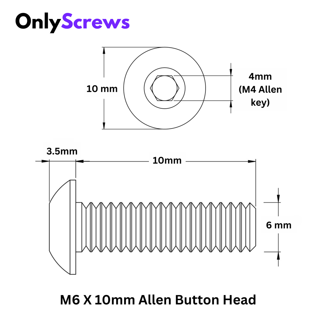 M6 X 12mm Hex (Allen) Button Head SS 304 Screw (Dia. 6mm, Length 12mm)